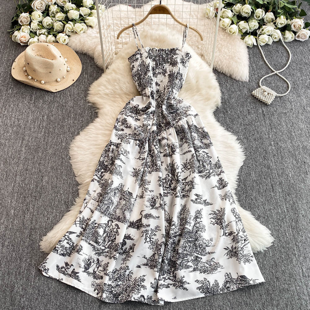 Womens Retro Chiffon Printed Backless Slip Dress